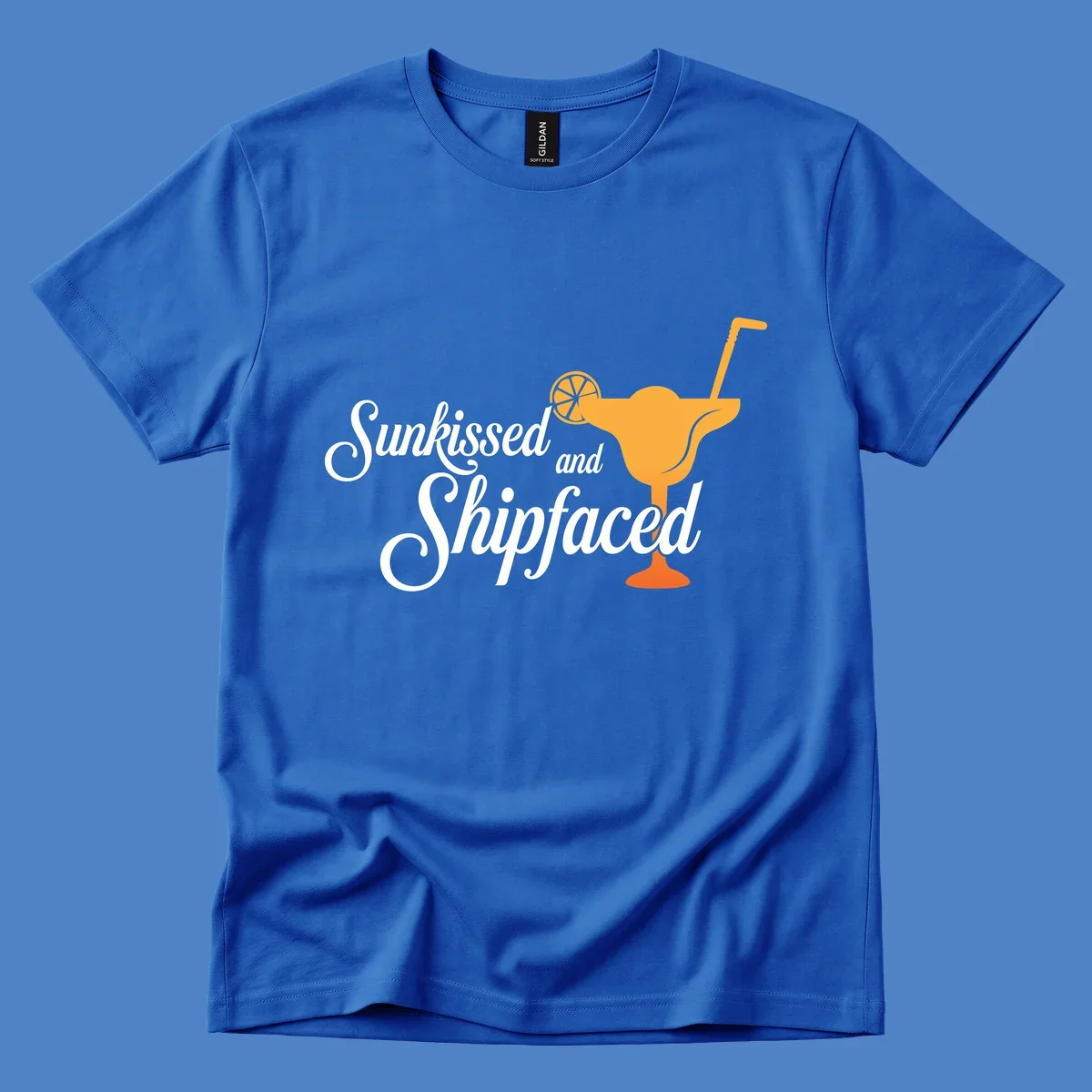 Sunkissed shipfaced cruise design with tropical cocktail illustration and script text on gray background