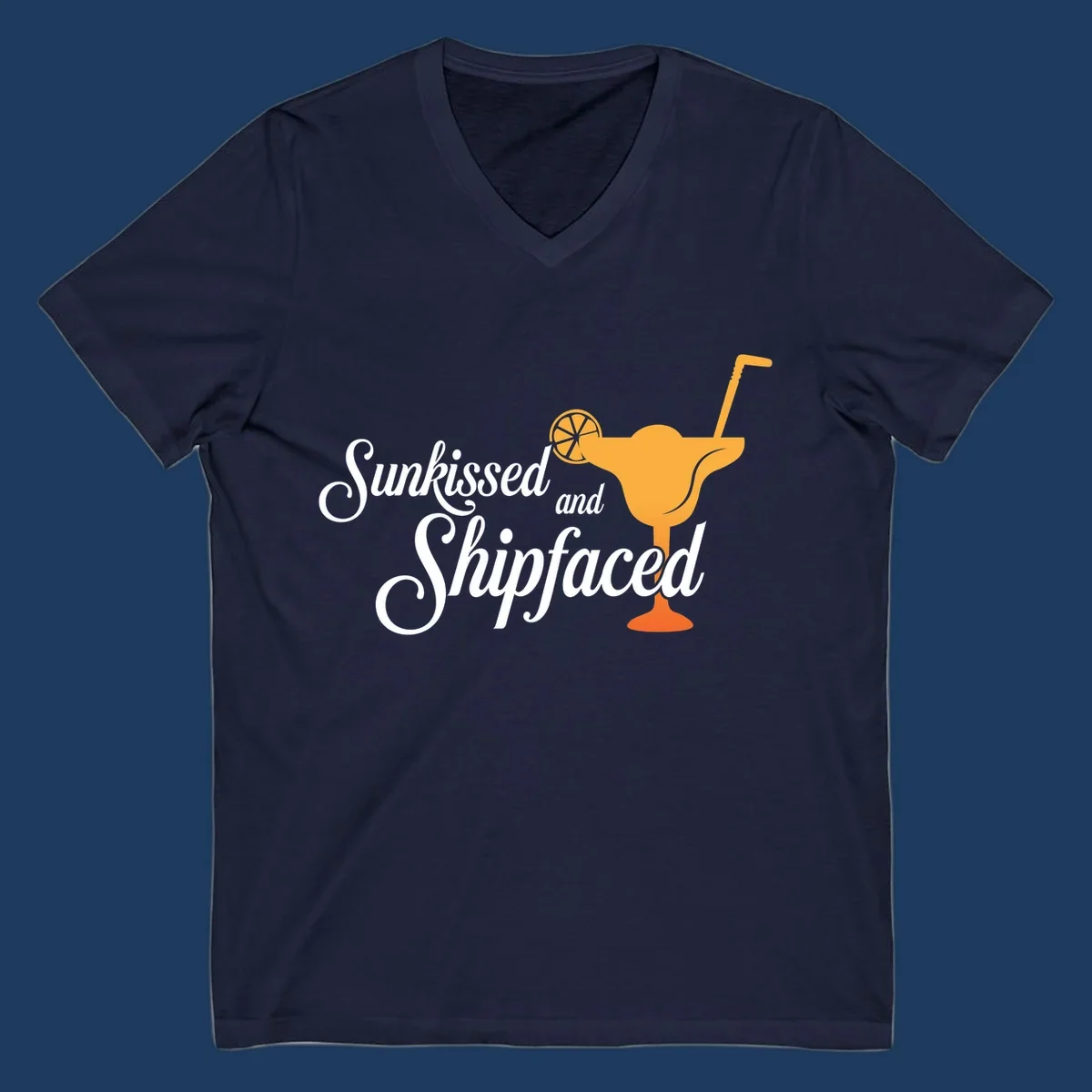Sunkissed shipfaced cruise design with tropical cocktail illustration and script text on gray background