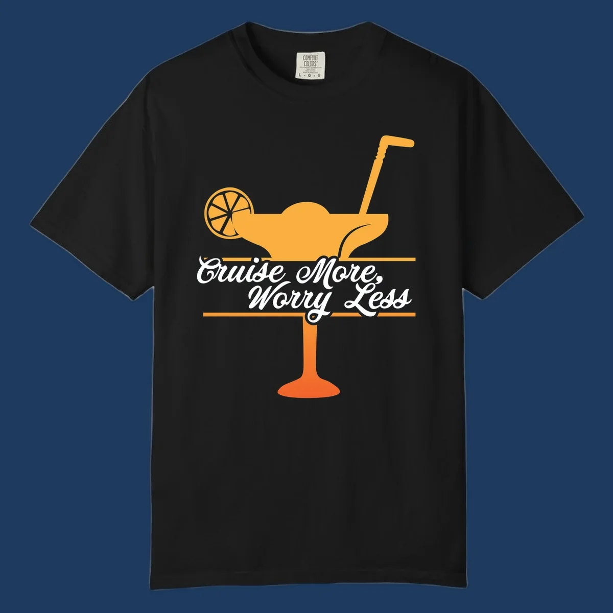 Tropical cocktail with lemon slice and umbrella straw illustration with white script text reading 'Cruise More, Worry Less'
