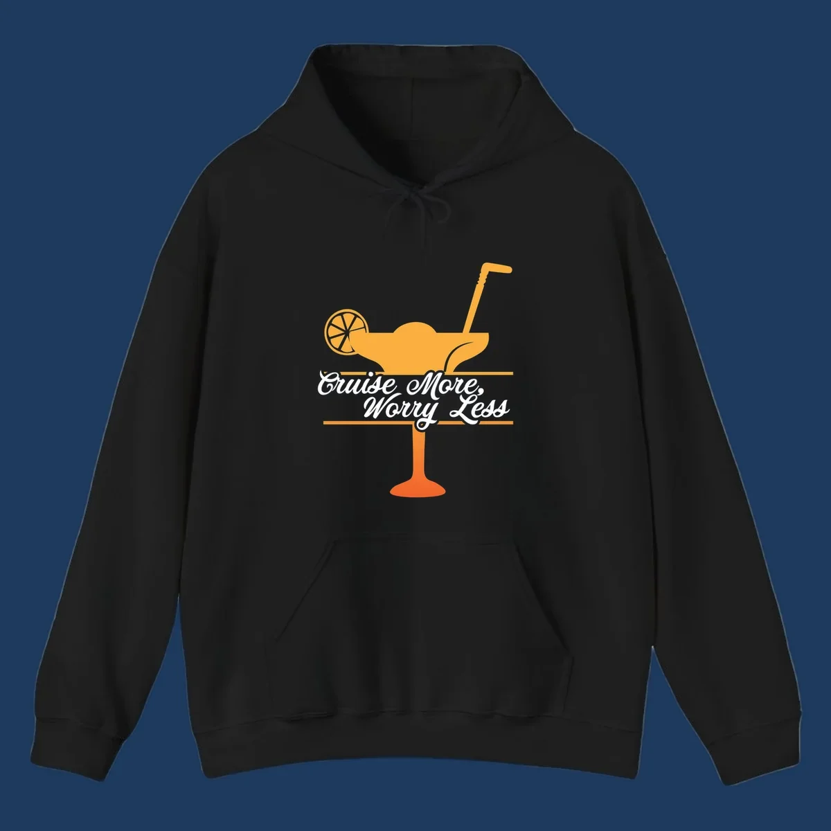 Tropical cocktail with lemon slice and umbrella straw illustration with white script text reading 'Cruise More, Worry Less'