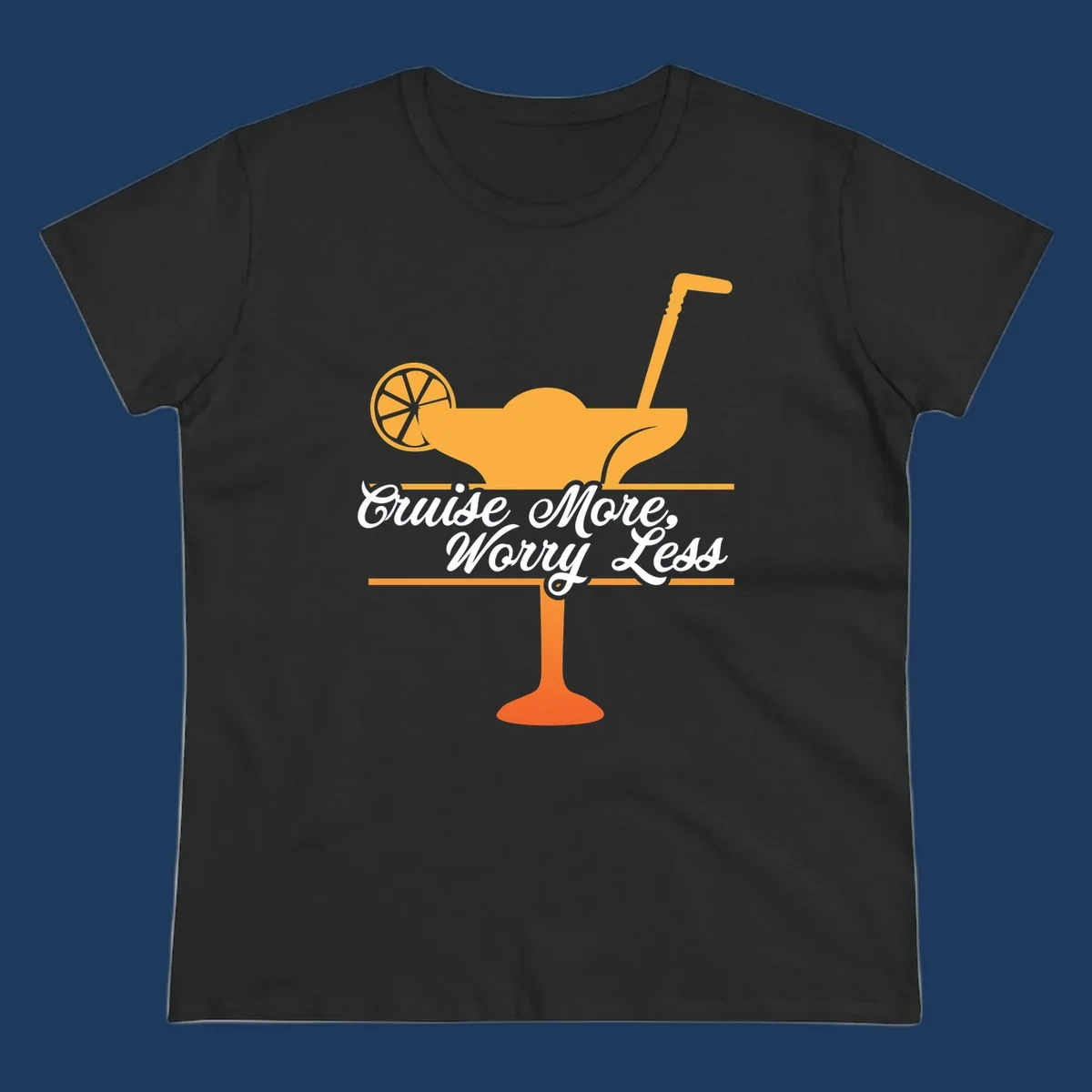 Tropical cocktail with lemon slice and umbrella straw illustration with white script text reading 'Cruise More, Worry Less'