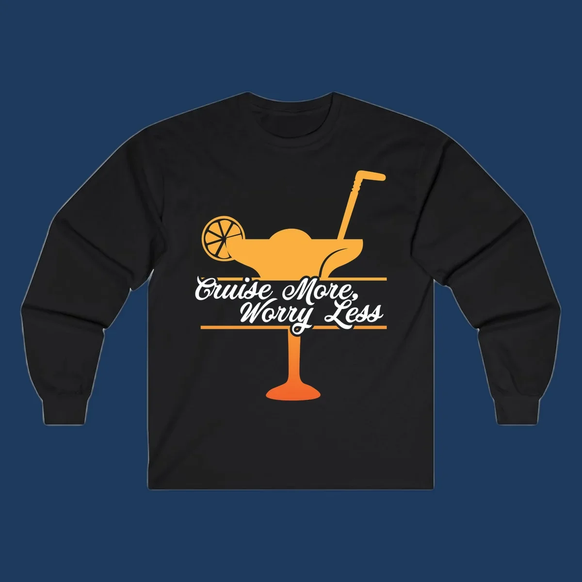 Tropical cocktail with lemon slice and umbrella straw illustration with white script text reading 'Cruise More, Worry Less'