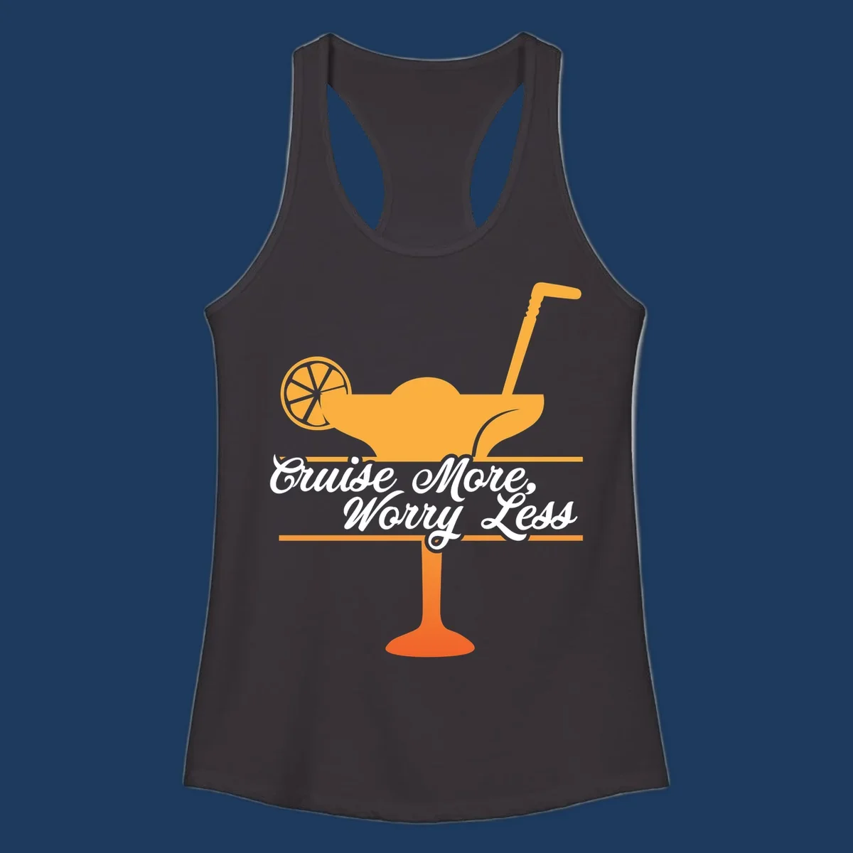 Tropical cocktail with lemon slice and umbrella straw illustration with white script text reading 'Cruise More, Worry Less'