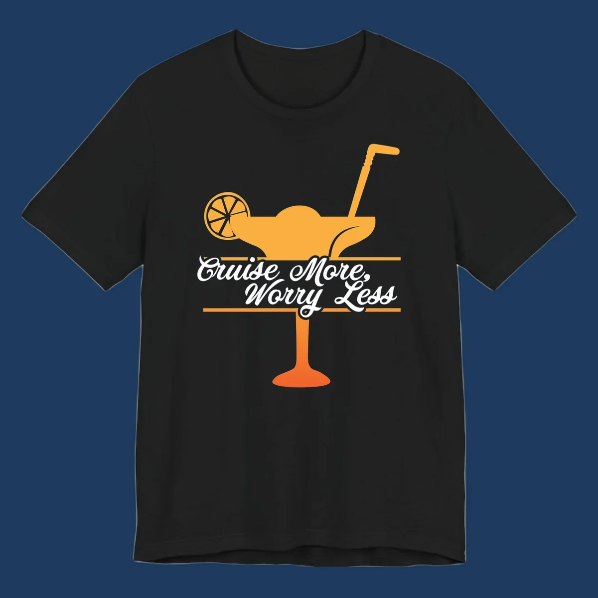 Tropical cocktail with lemon slice and umbrella straw illustration with white script text reading 'Cruise More, Worry Less'