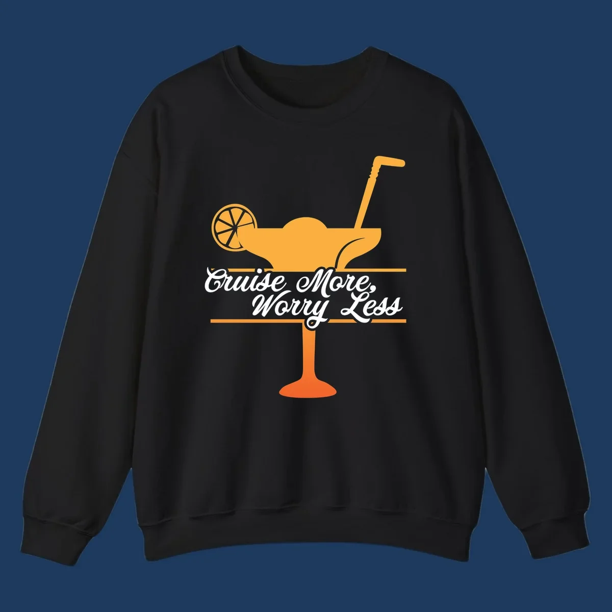 Tropical cocktail with lemon slice and umbrella straw illustration with white script text reading 'Cruise More, Worry Less'