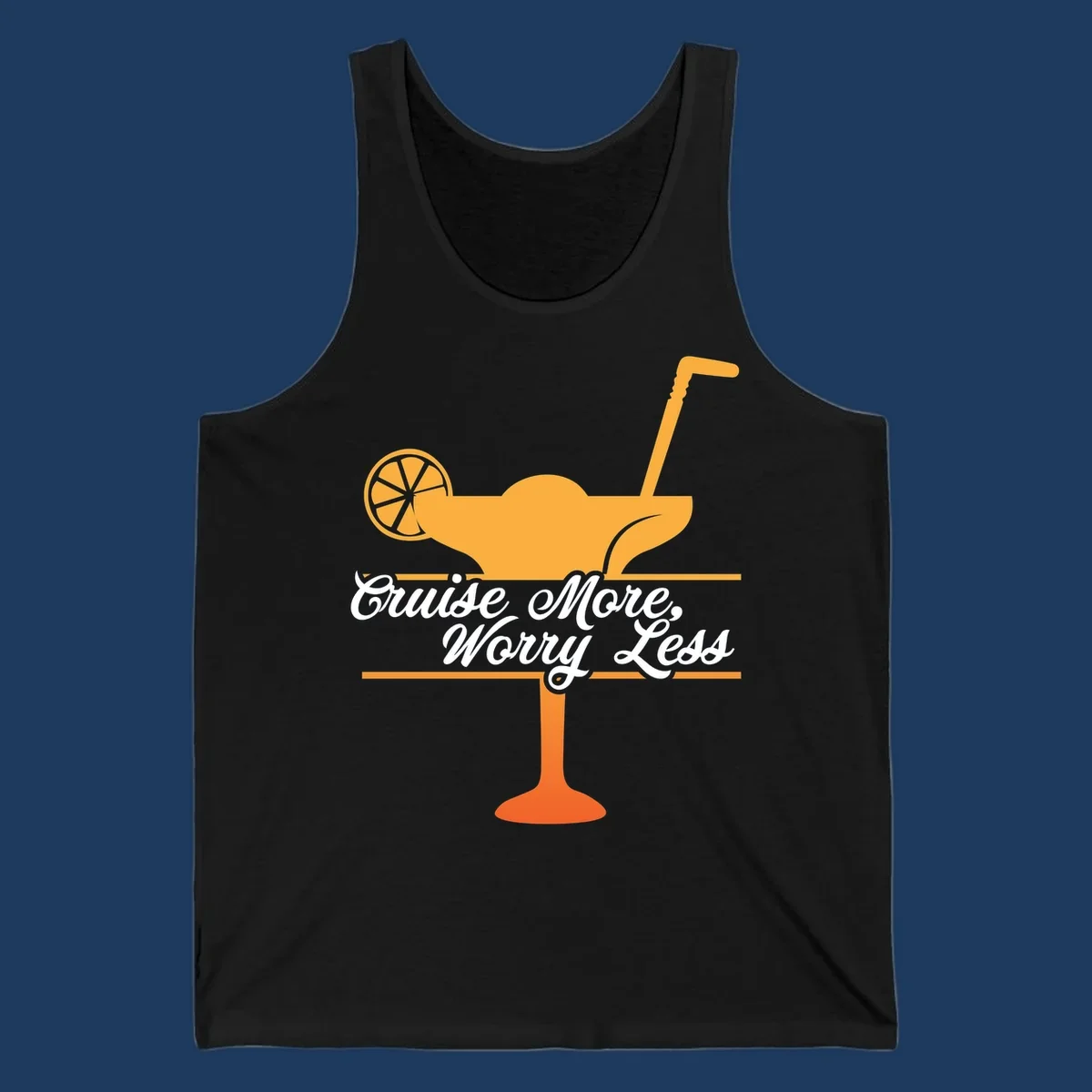 Tropical cocktail with lemon slice and umbrella straw illustration with white script text reading 'Cruise More, Worry Less'