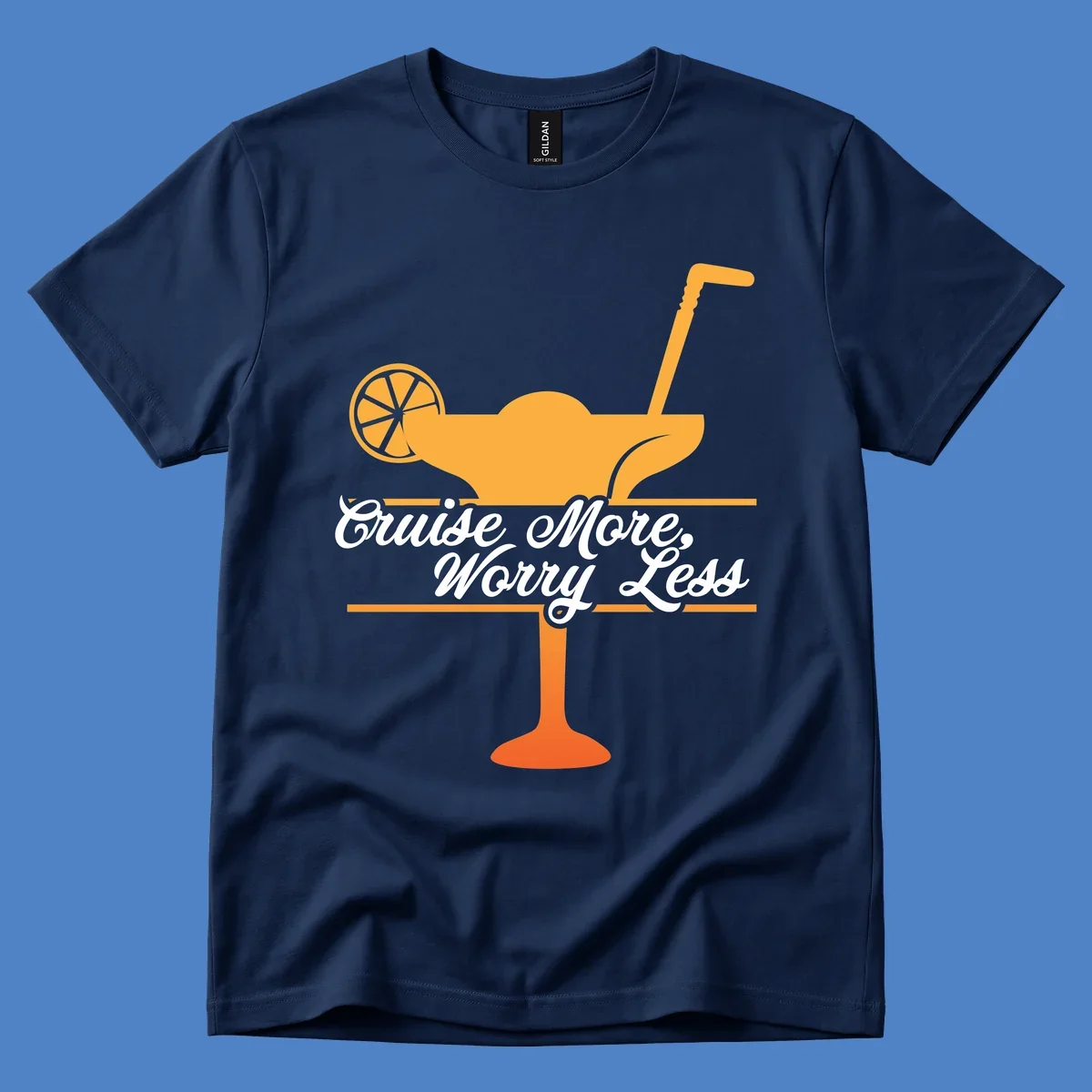 Tropical cocktail with lemon slice and umbrella straw illustration with white script text reading 'Cruise More, Worry Less'