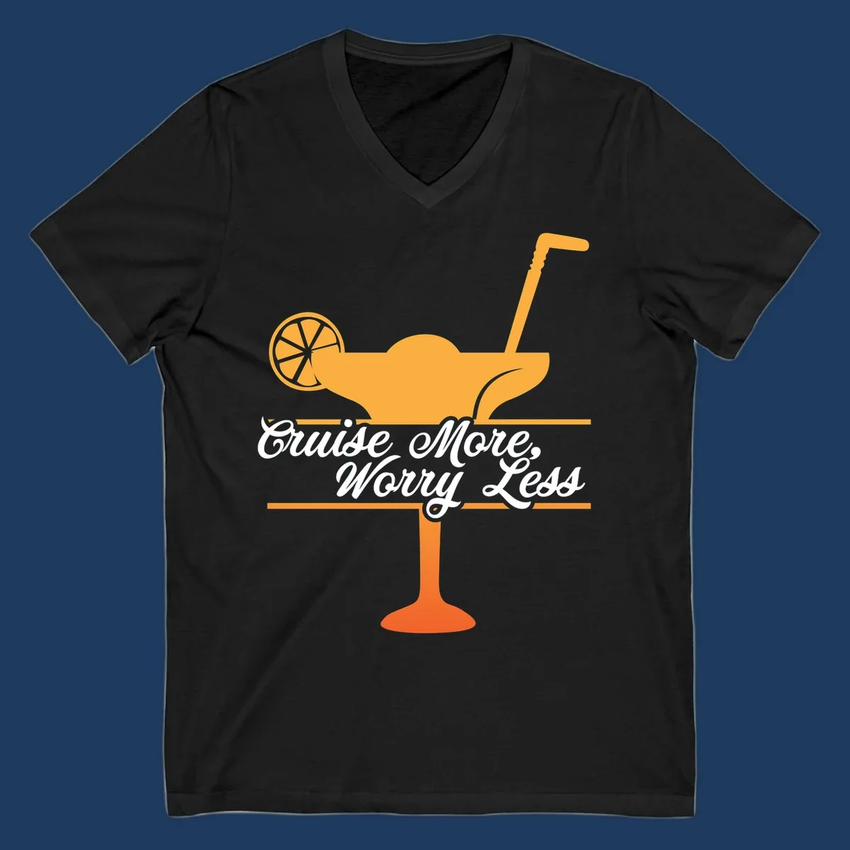Tropical cocktail with lemon slice and umbrella straw illustration with white script text reading 'Cruise More, Worry Less'