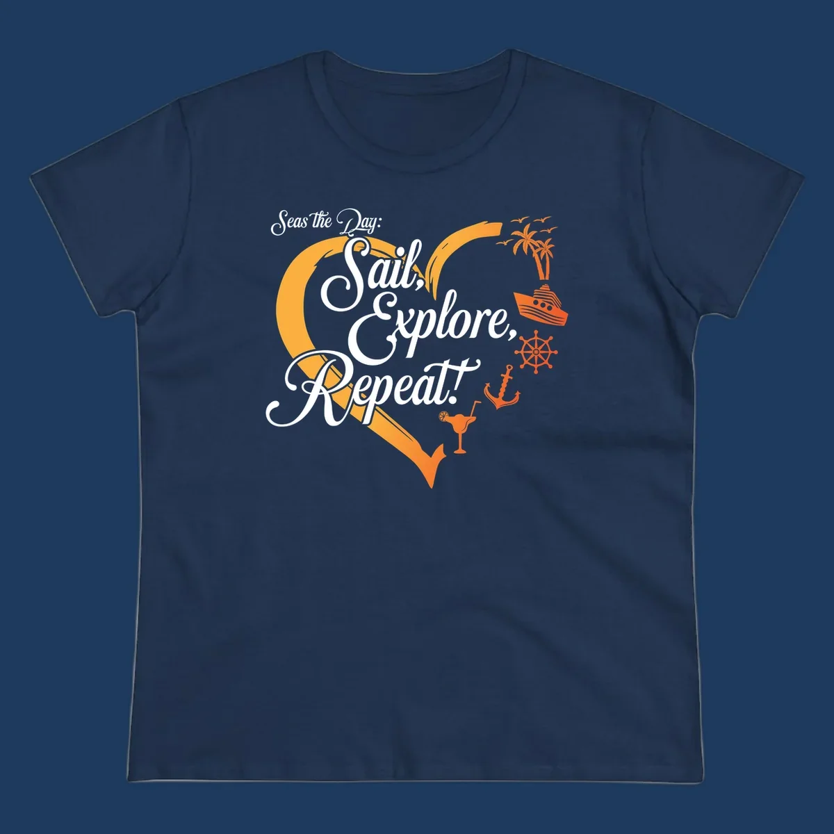 Seas the day sail explore repeat design with sailboat, anchor, ship wheel, palm trees and cocktail in orange and white nautical illustration.