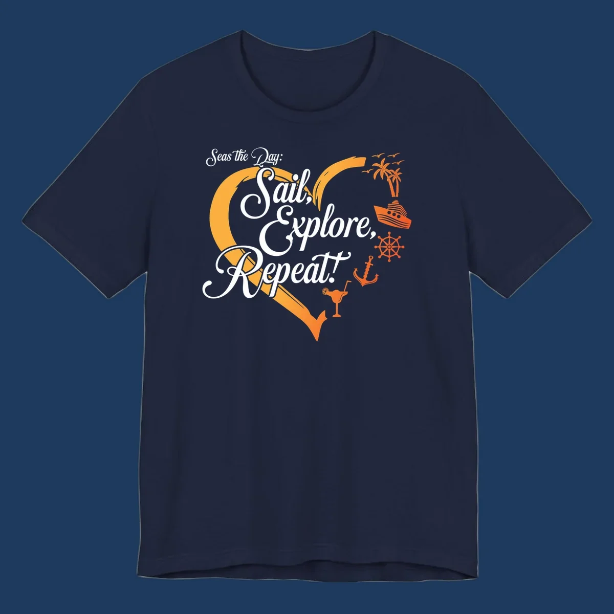 Seas the day sail explore repeat design with sailboat, anchor, ship wheel, palm trees and cocktail in orange and white nautical illustration.