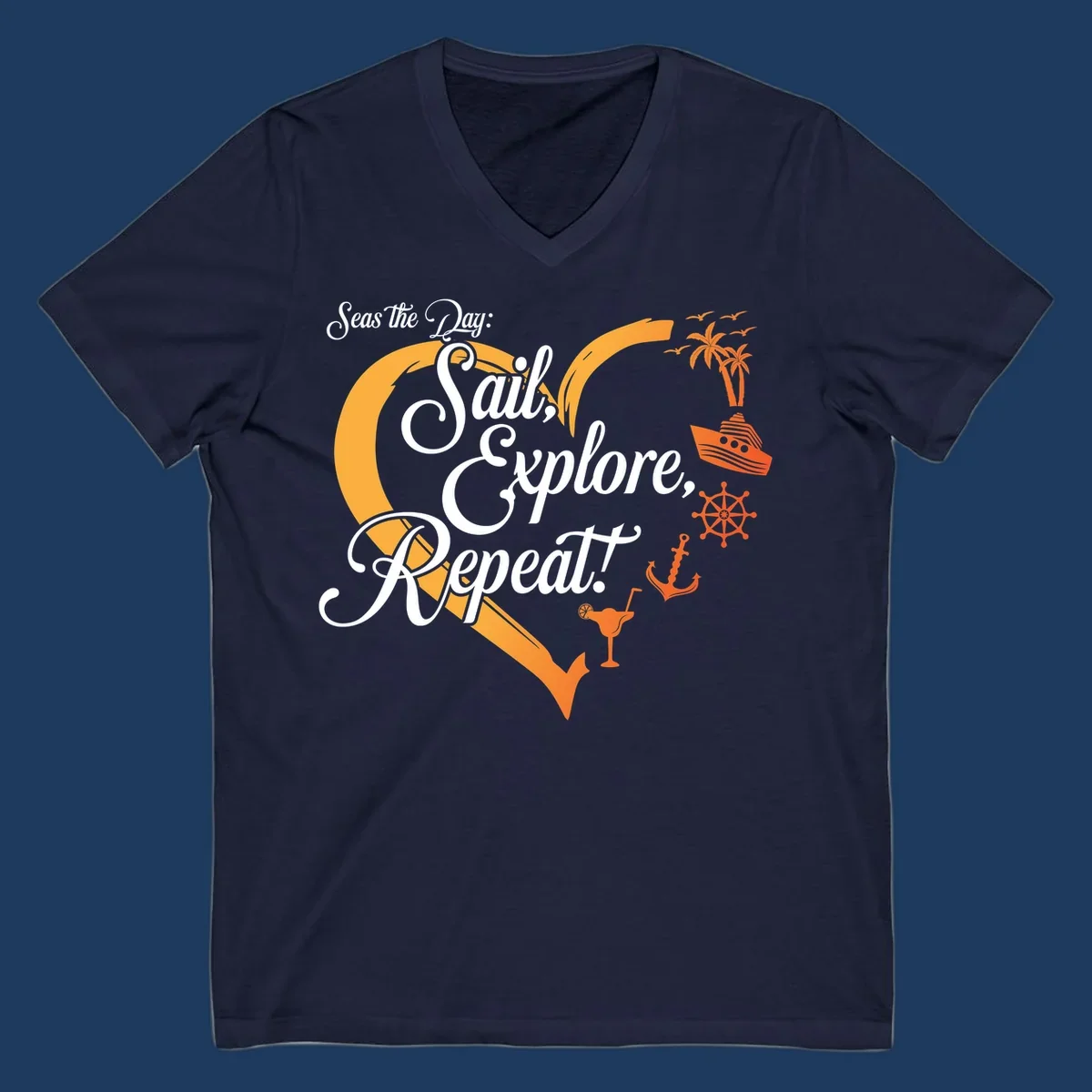 Seas the day sail explore repeat design with sailboat, anchor, ship wheel, palm trees and cocktail in orange and white nautical illustration.