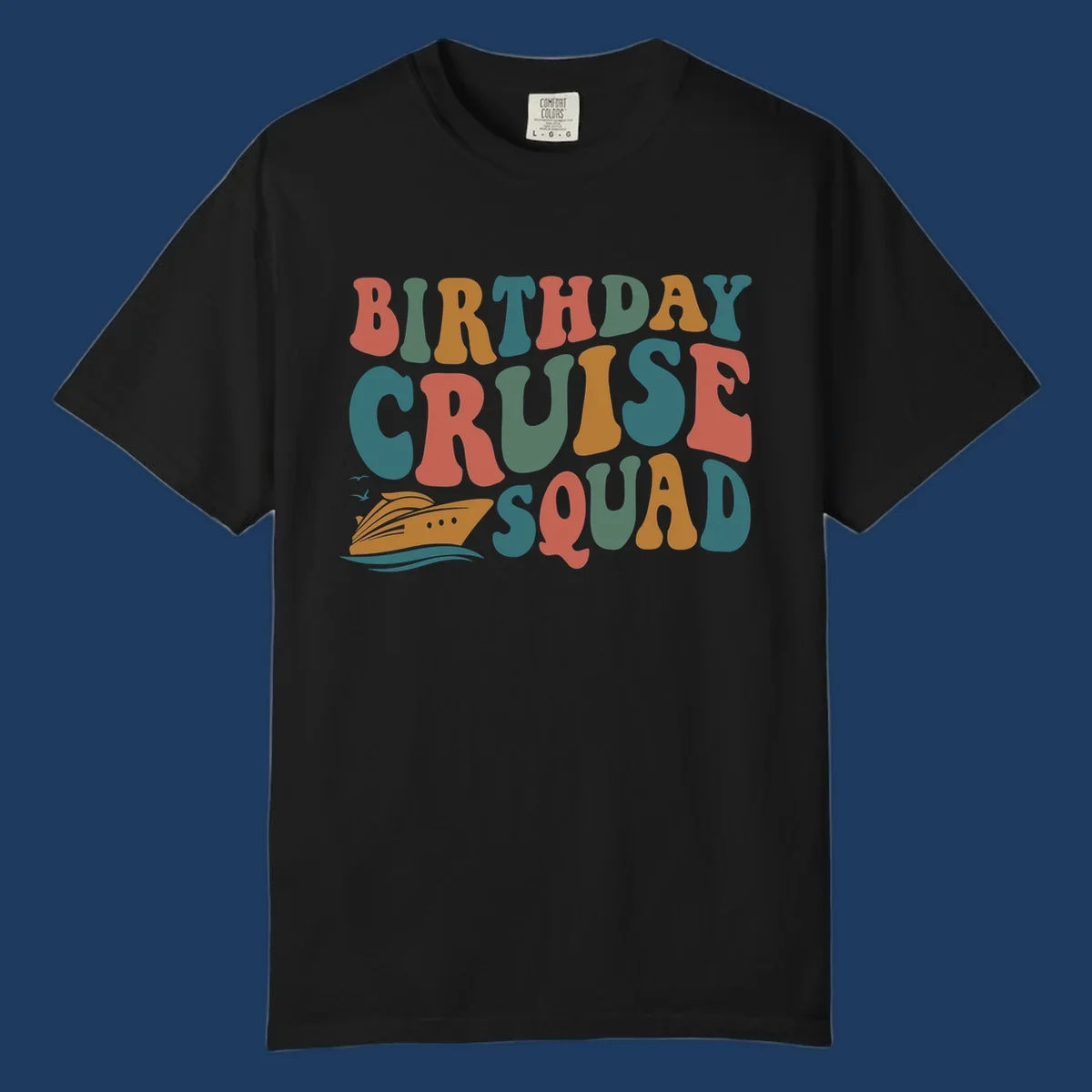 Colorful birthday cruise squad text design with cruise ship, ocean waves, and seagulls illustration