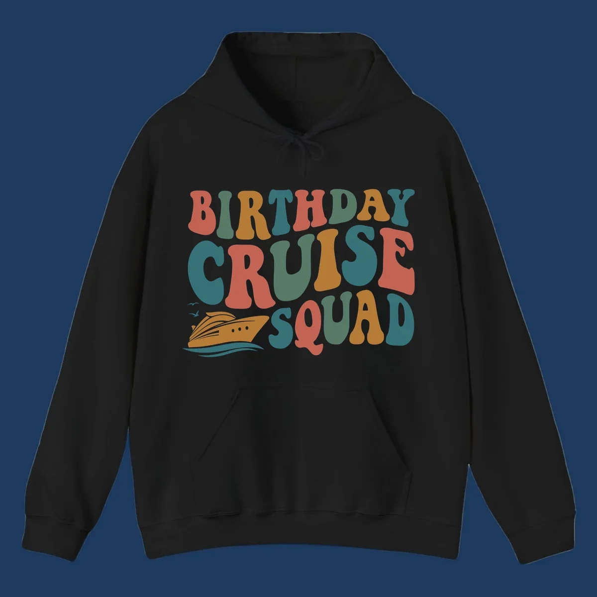 Colorful birthday cruise squad text design with cruise ship, ocean waves, and seagulls illustration