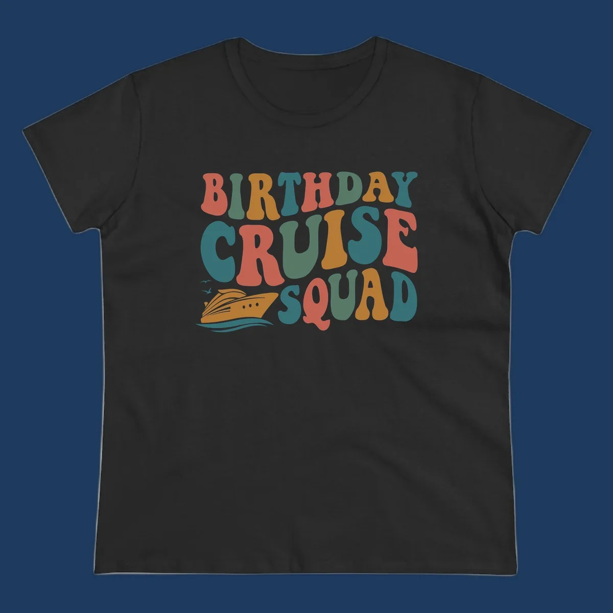Colorful birthday cruise squad text design with cruise ship, ocean waves, and seagulls illustration