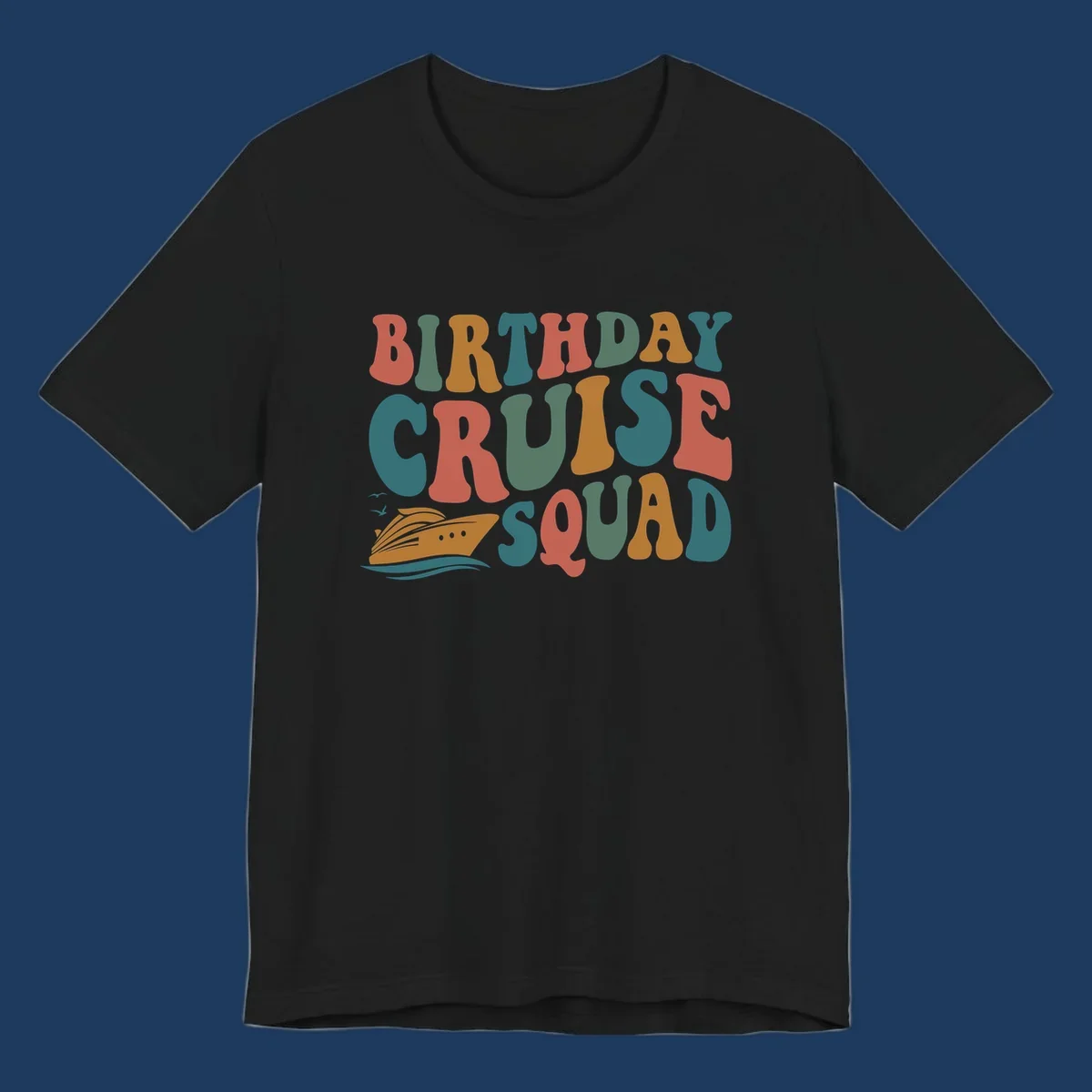 Colorful birthday cruise squad text design with cruise ship, ocean waves, and seagulls illustration