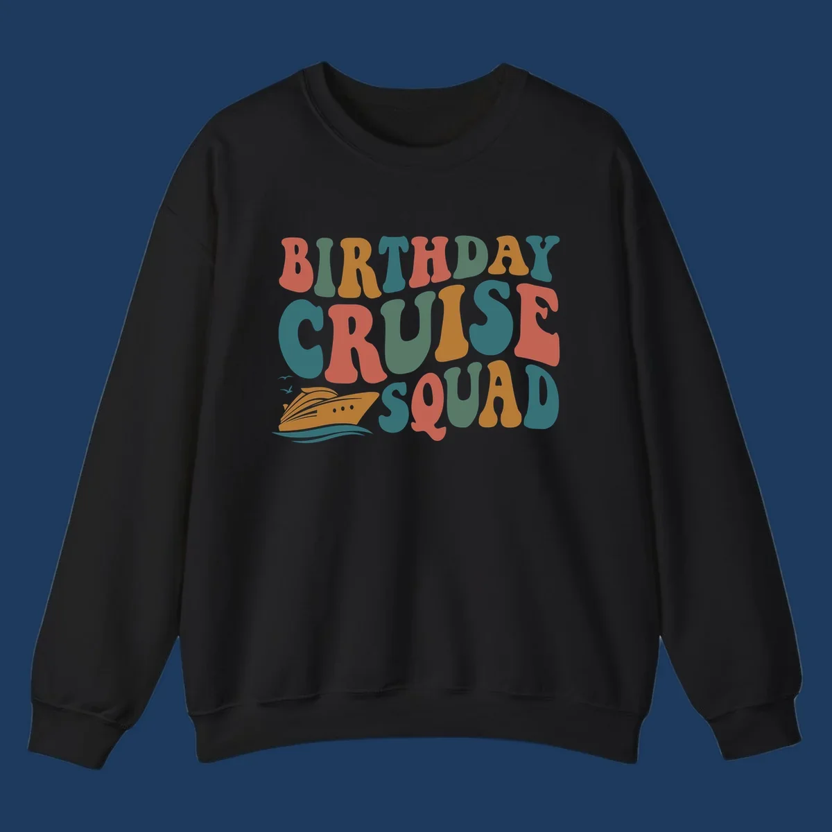 Colorful birthday cruise squad text design with cruise ship, ocean waves, and seagulls illustration
