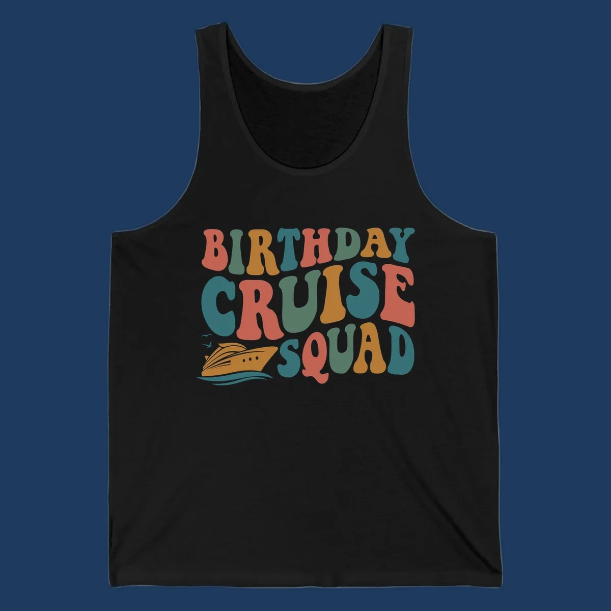 Colorful birthday cruise squad text design with cruise ship, ocean waves, and seagulls illustration