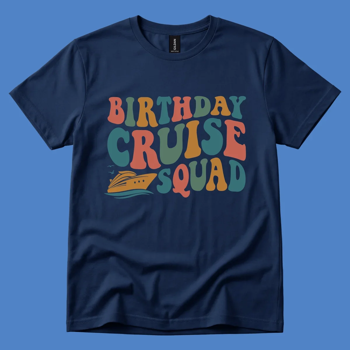 Colorful birthday cruise squad text design with cruise ship, ocean waves, and seagulls illustration