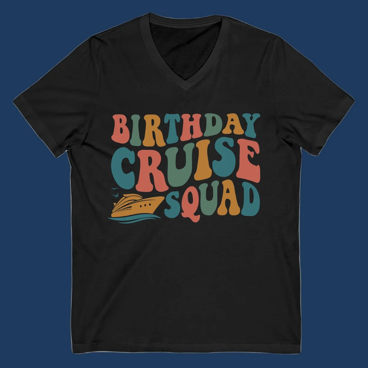 Colorful birthday cruise squad text design with cruise ship, ocean waves, and seagulls illustration