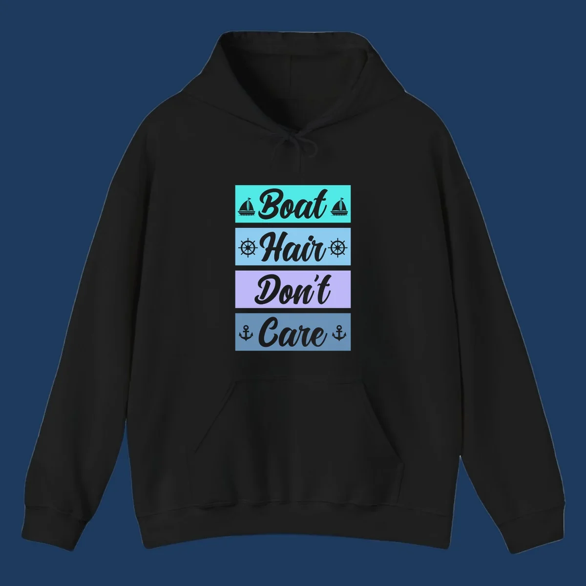 Boat Hair Don't Care design with sailboats, ship wheels, and anchors in turquoise, blue, and lavender sections