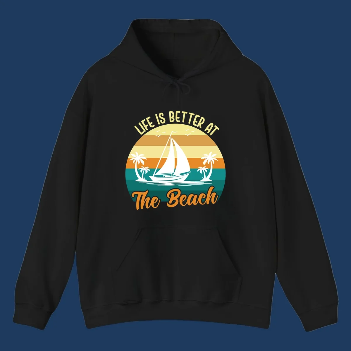Vintage retro sunset design with sailboat, palm trees, and 'Life Is Better At The Beach' text in warm and teal tones