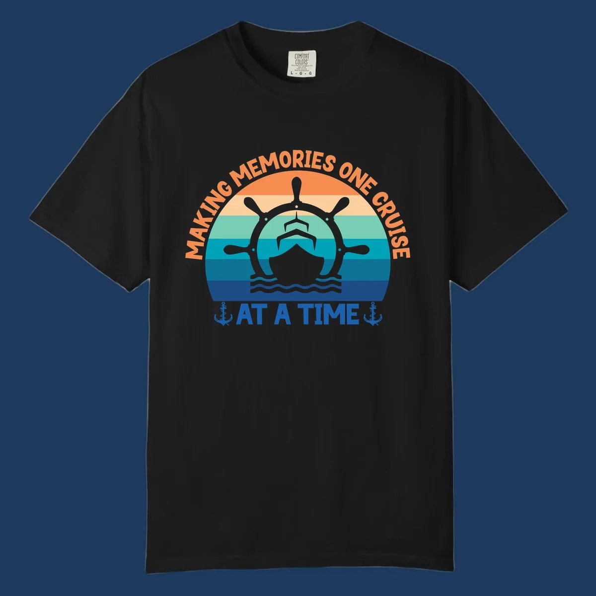 Circular nautical badge with ship wheel and vessel over ocean stripes, text reading 'Making Memories One Cruise At A Time' with anchor decorations