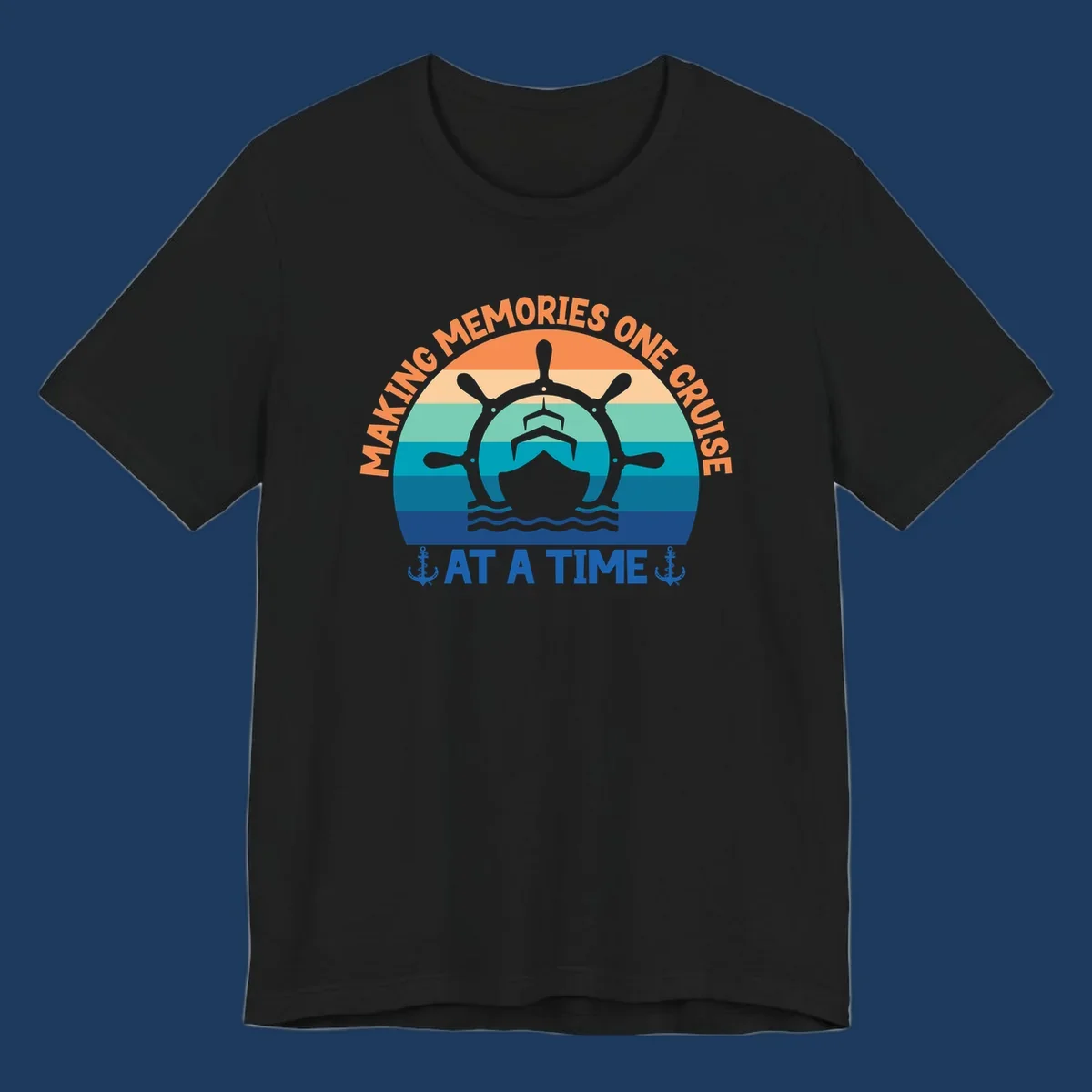 Circular nautical badge with ship wheel and vessel over ocean stripes, text reading 'Making Memories One Cruise At A Time' with anchor decorations
