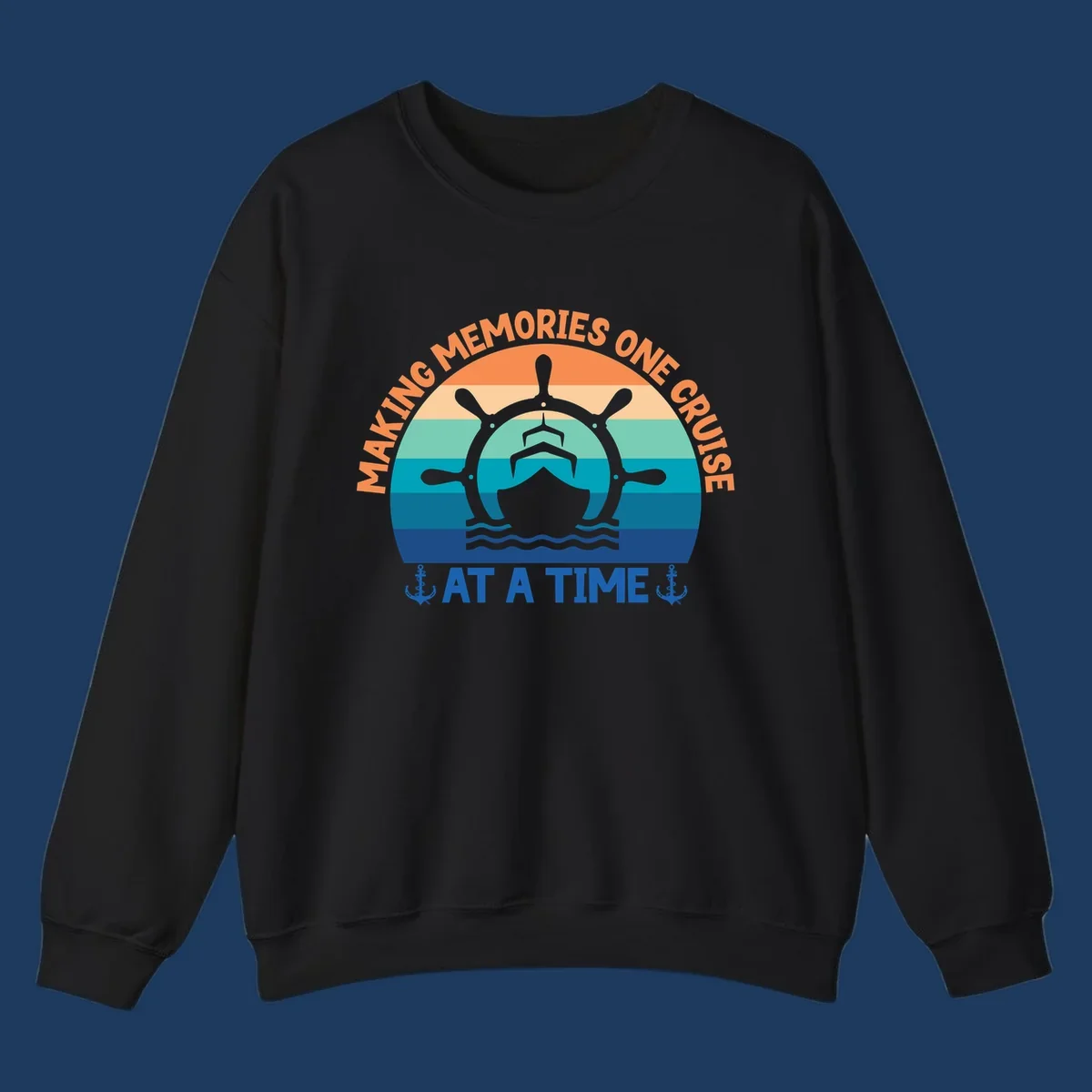 Circular nautical badge with ship wheel and vessel over ocean stripes, text reading 'Making Memories One Cruise At A Time' with anchor decorations