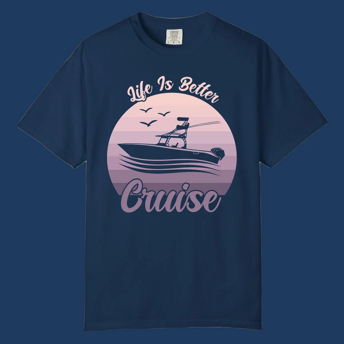 Vintage-style sunset boating design with silhouetted speedboat, waves, and birds; text reads 'Life Is Better Boating'