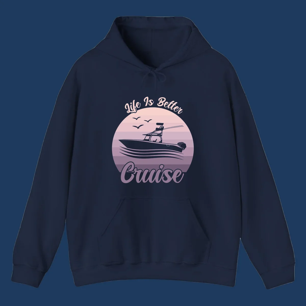 Vintage-style sunset boating design with silhouetted speedboat, waves, and birds; text reads 'Life Is Better Boating'
