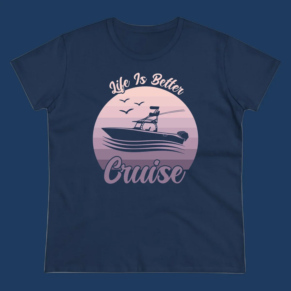 Vintage-style sunset boating design with silhouetted speedboat, waves, and birds; text reads 'Life Is Better Boating'