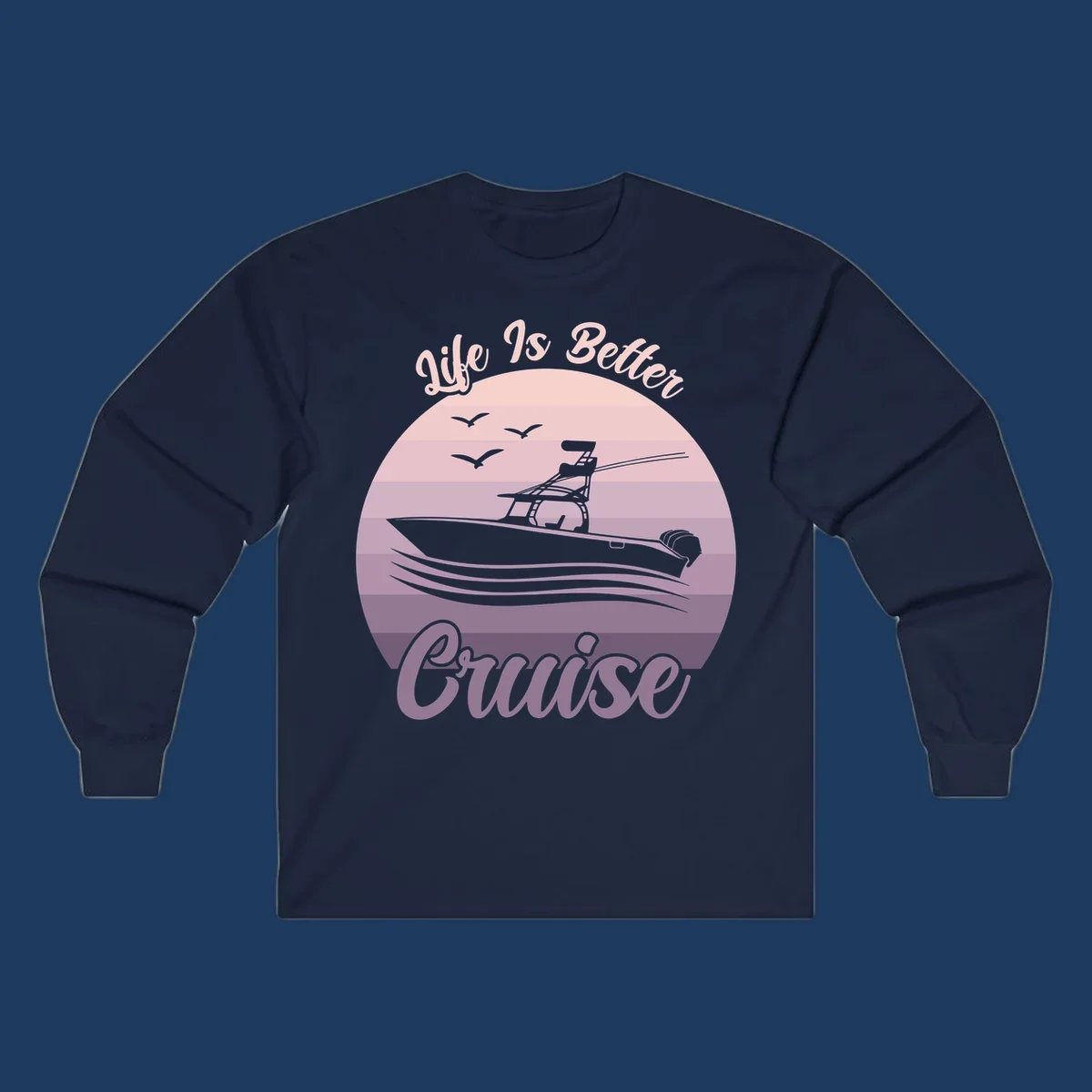 Vintage-style sunset boating design with silhouetted speedboat, waves, and birds; text reads 'Life Is Better Boating'