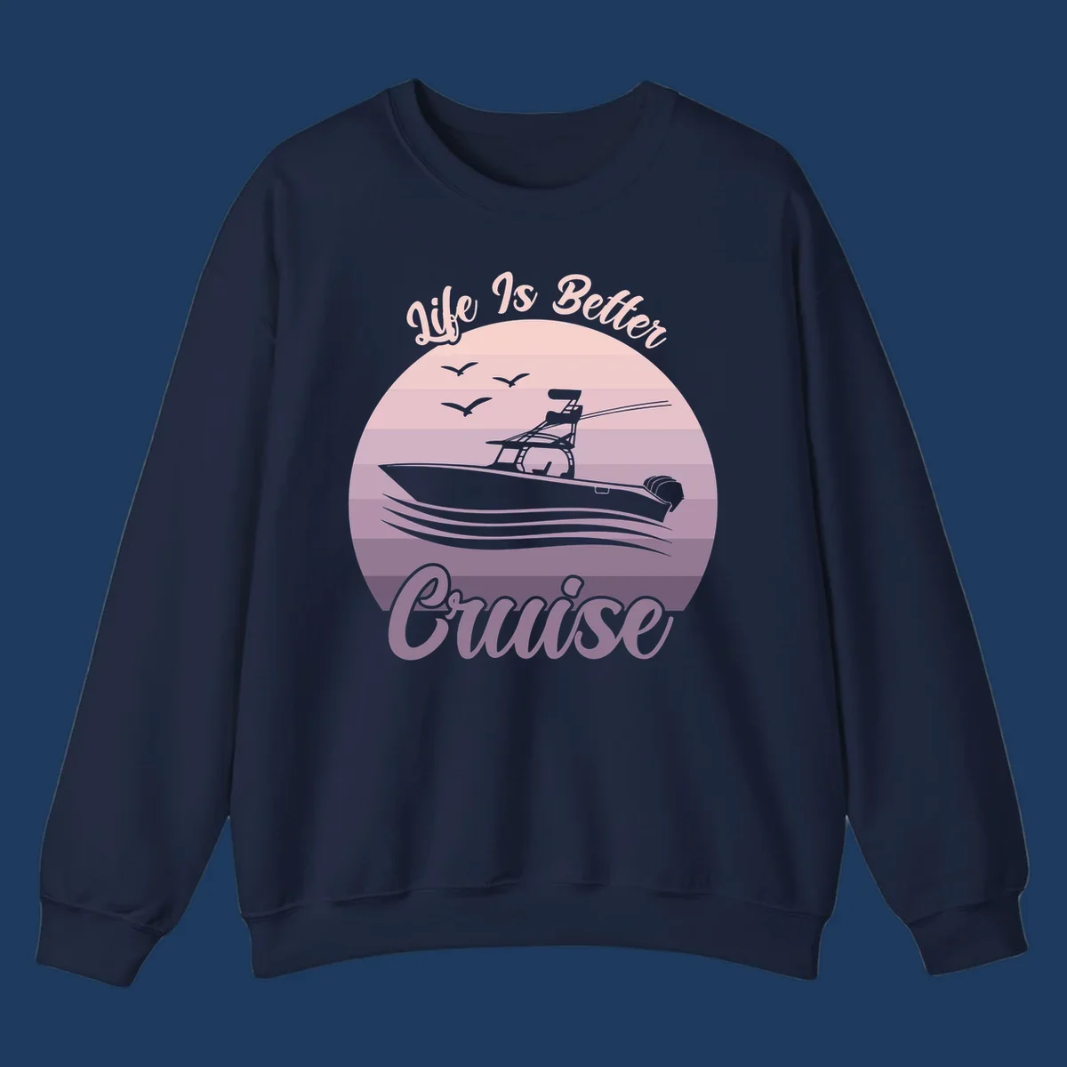 Vintage-style sunset boating design with silhouetted speedboat, waves, and birds; text reads 'Life Is Better Boating'