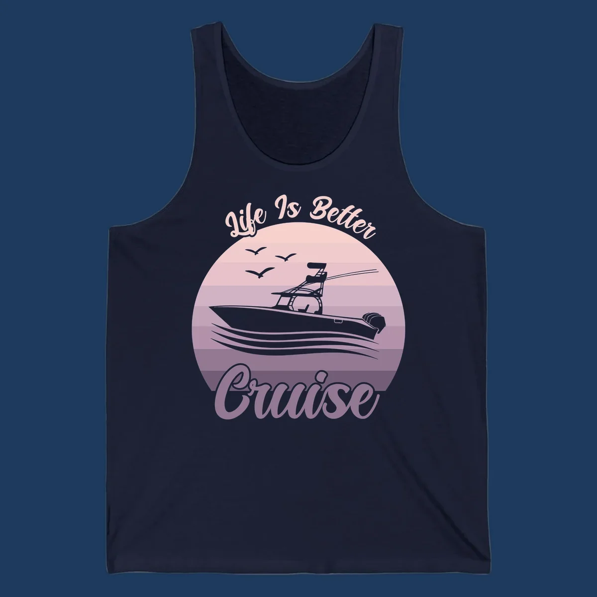 Vintage-style sunset boating design with silhouetted speedboat, waves, and birds; text reads 'Life Is Better Boating'