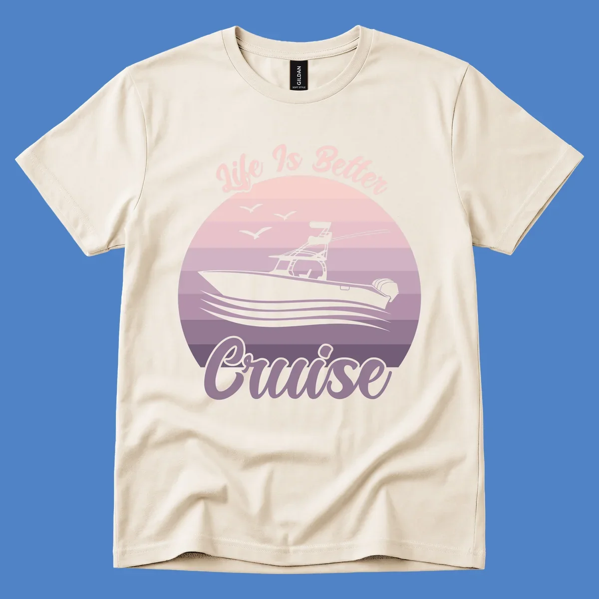 Vintage-style sunset boating design with silhouetted speedboat, waves, and birds; text reads 'Life Is Better Boating'