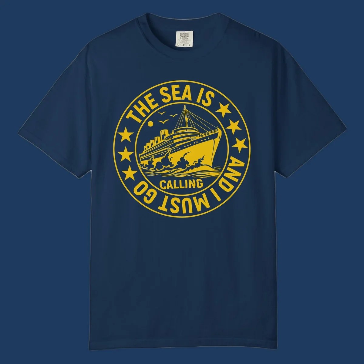 Circular nautical badge with cruise ship, waves, and stars, text reads 'The Sea Is Calling I Must Go'