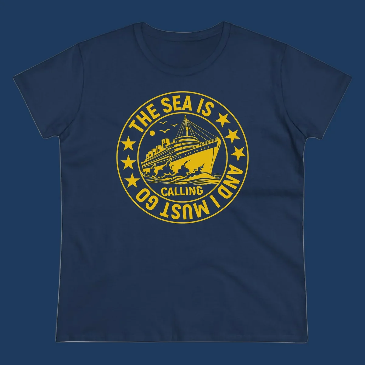Circular nautical badge with cruise ship, waves, and stars, text reads 'The Sea Is Calling I Must Go'