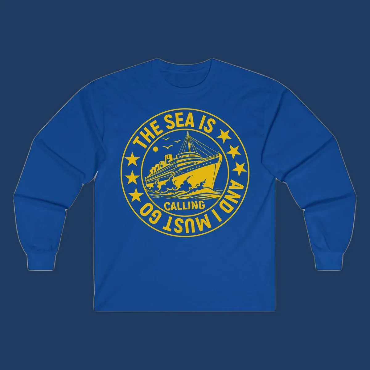 Circular nautical badge with cruise ship, waves, and stars, text reads 'The Sea Is Calling I Must Go'