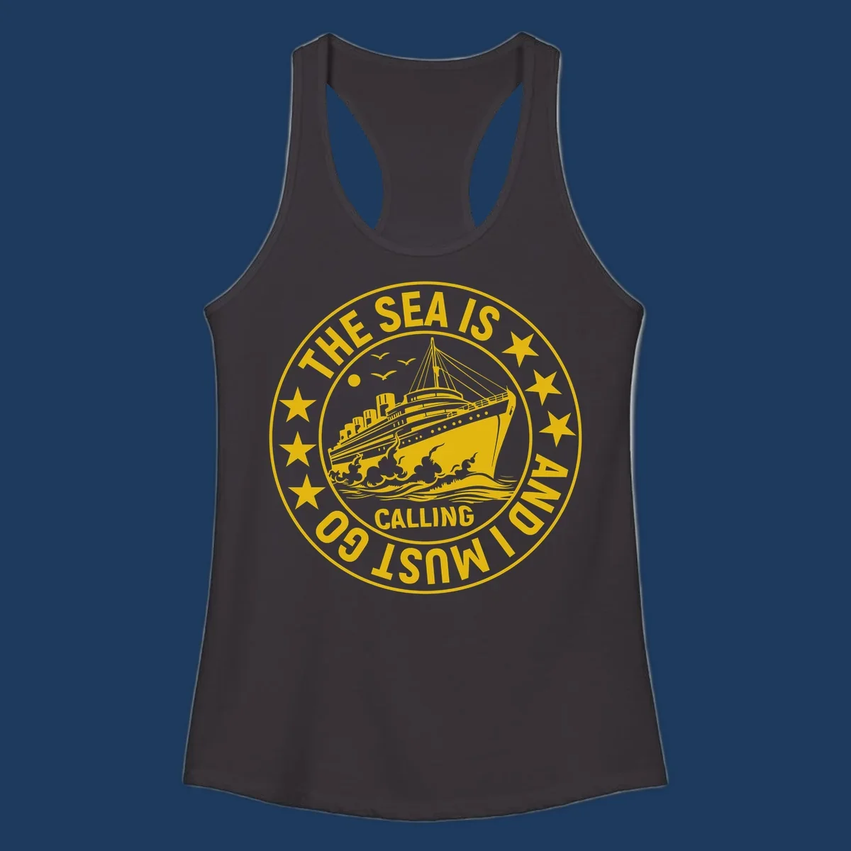 Circular nautical badge with cruise ship, waves, and stars, text reads 'The Sea Is Calling I Must Go'