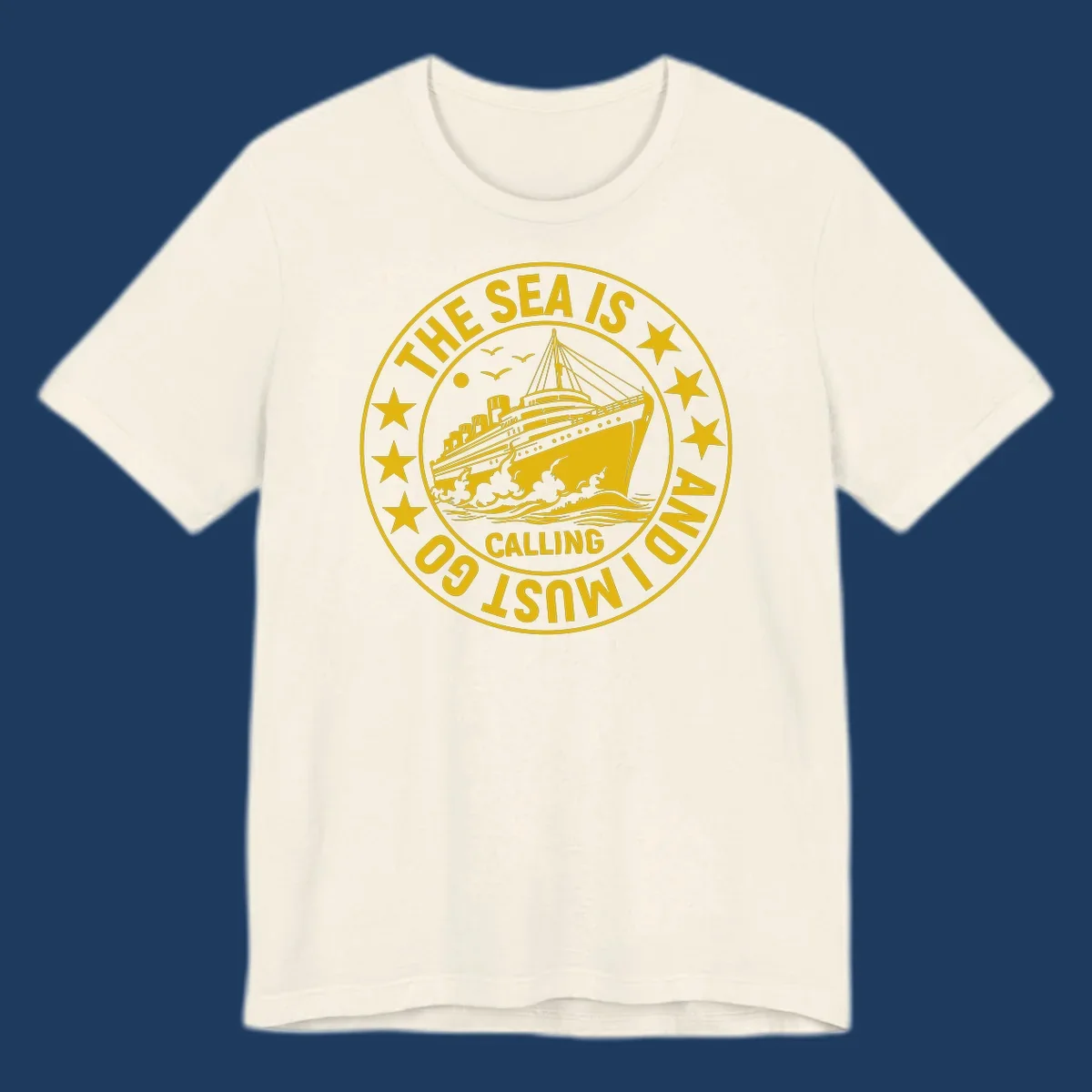 Circular nautical badge with cruise ship, waves, and stars, text reads 'The Sea Is Calling I Must Go'