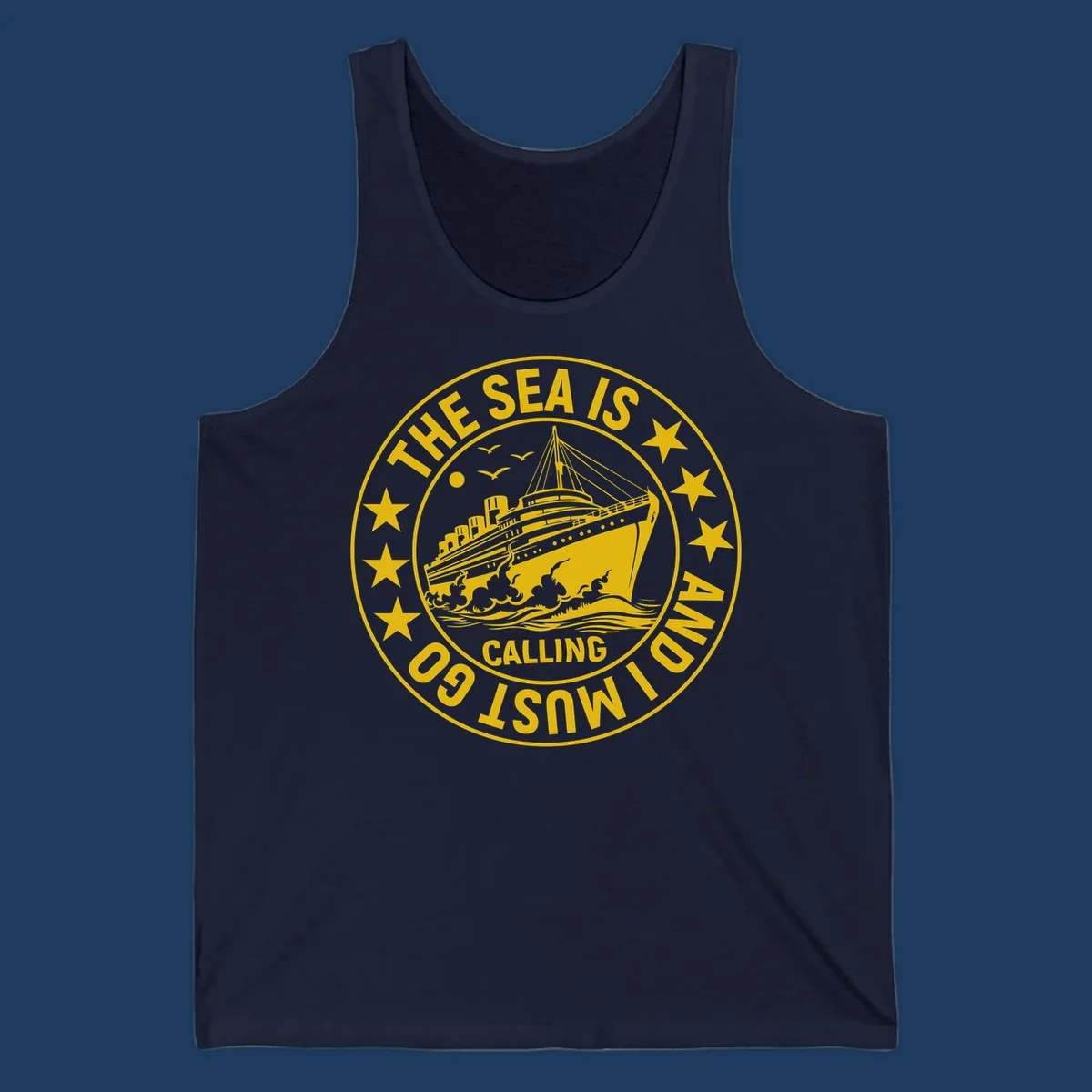 Circular nautical badge with cruise ship, waves, and stars, text reads 'The Sea Is Calling I Must Go'