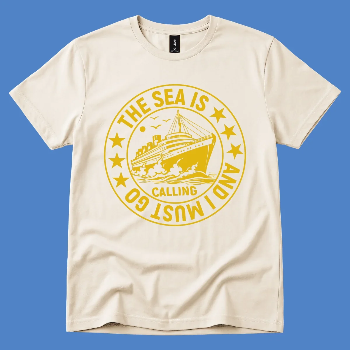 Circular nautical badge with cruise ship, waves, and stars, text reads 'The Sea Is Calling I Must Go'