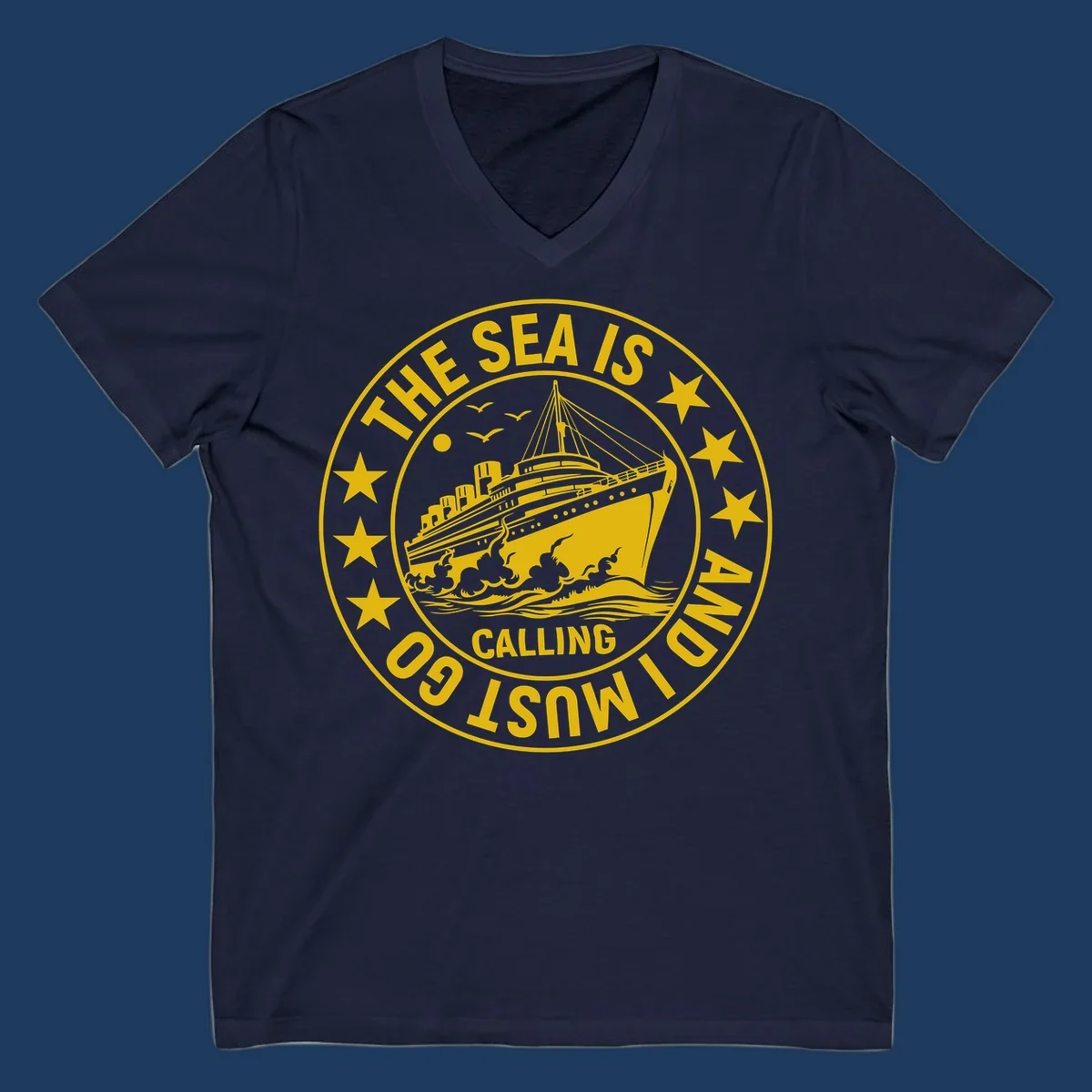 Circular nautical badge with cruise ship, waves, and stars, text reads 'The Sea Is Calling I Must Go'