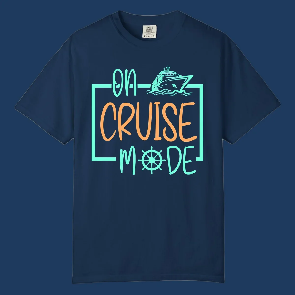 On cruise mode design with turquoise cruise ship and ship wheel, orange text on gray background