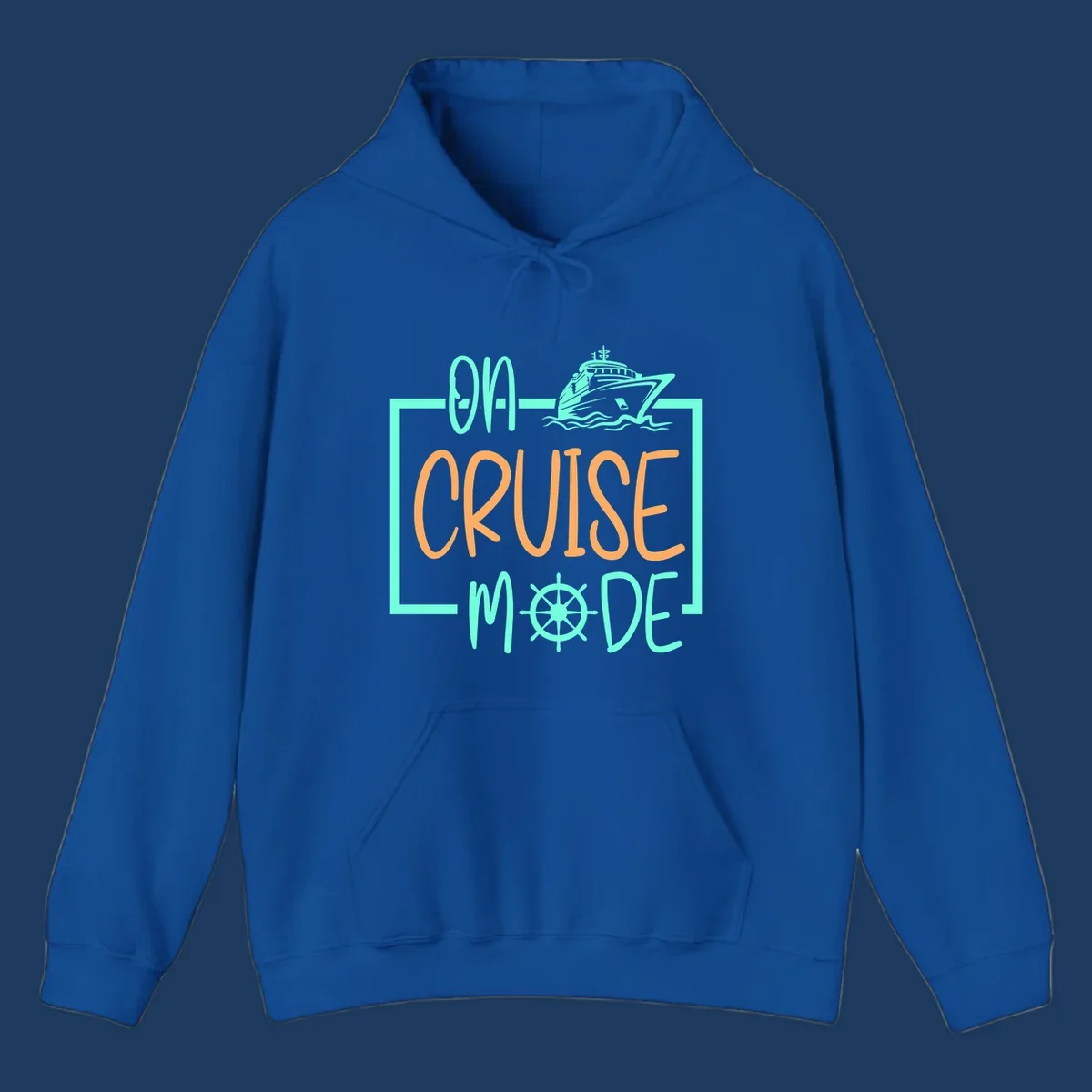 On cruise mode design with turquoise cruise ship and ship wheel, orange text on gray background
