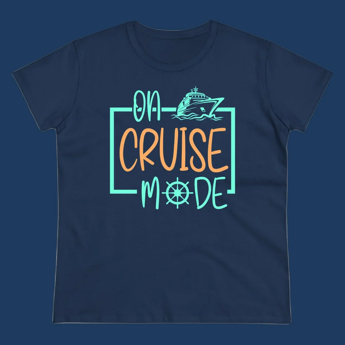 On cruise mode design with turquoise cruise ship and ship wheel, orange text on gray background
