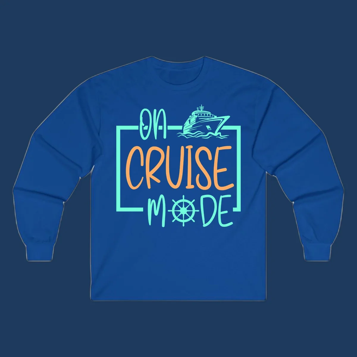 On cruise mode design with turquoise cruise ship and ship wheel, orange text on gray background