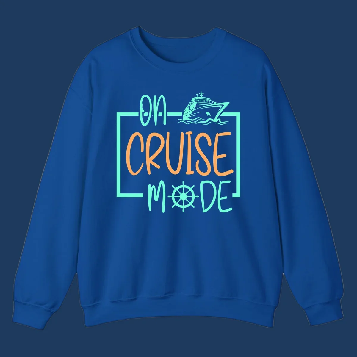 On cruise mode design with turquoise cruise ship and ship wheel, orange text on gray background