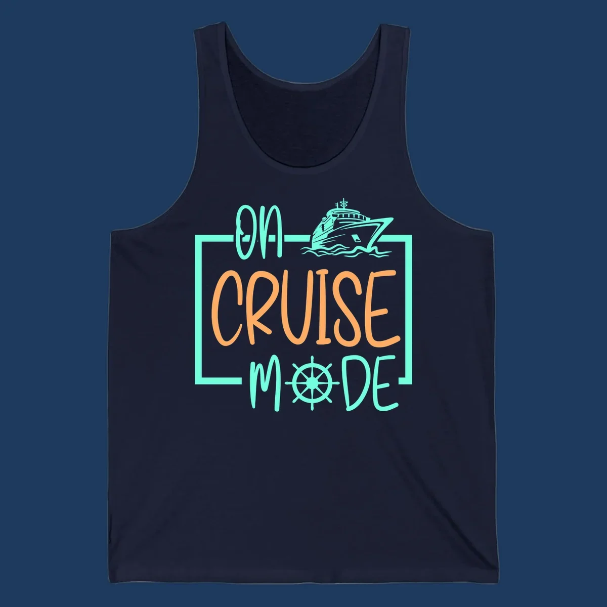 On cruise mode design with turquoise cruise ship and ship wheel, orange text on gray background