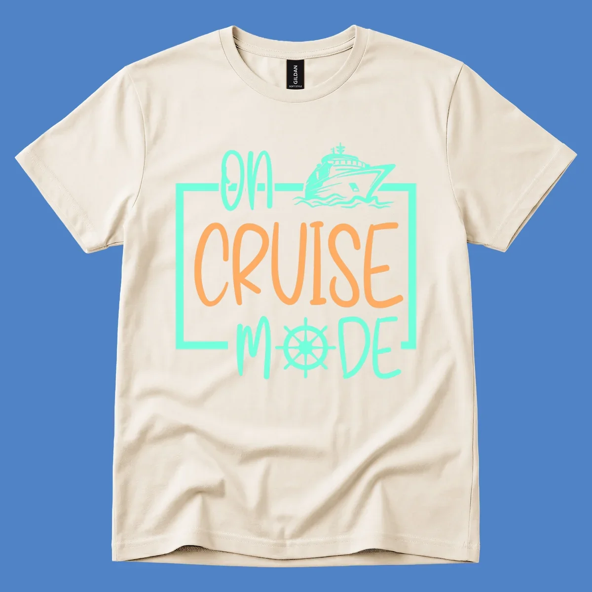 On cruise mode design with turquoise cruise ship and ship wheel, orange text on gray background